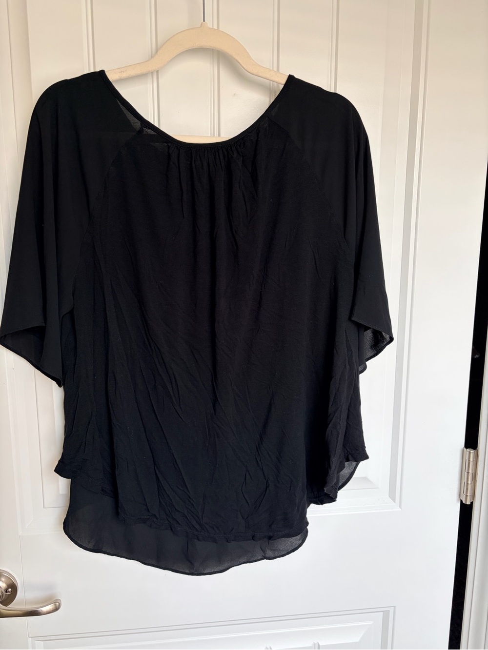 LOFT Mixed Media Black Relaxed Scoop-Neck Blouse with Gathered Front - Picture 3 of 4